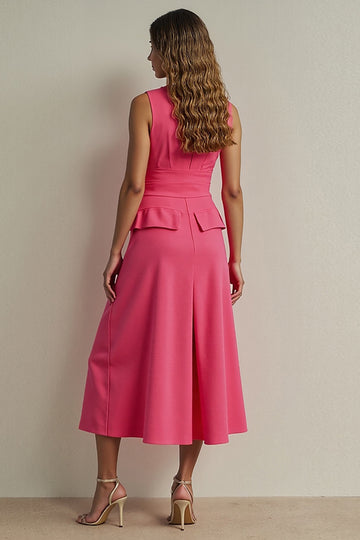 Fuchsia A Line Midi Work Dress with Buttons
